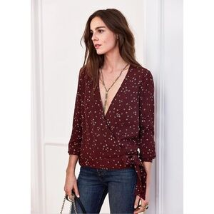 Sezane Ella Blouse Burgundy Red Floral Wrap Blouse Size EU 44/US 12